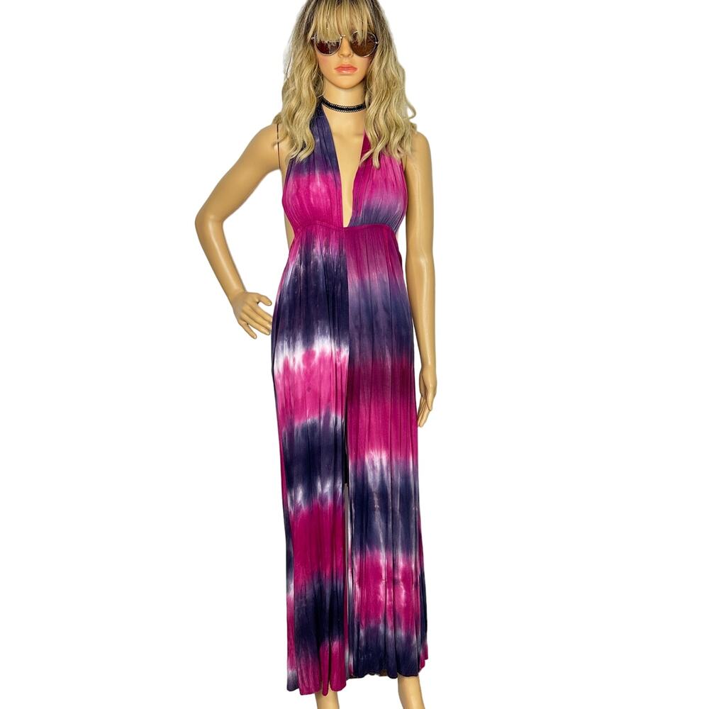Tie Dye Jumpsuit Deep V Neck Halter Hippie Festival Fashion Nova Size L